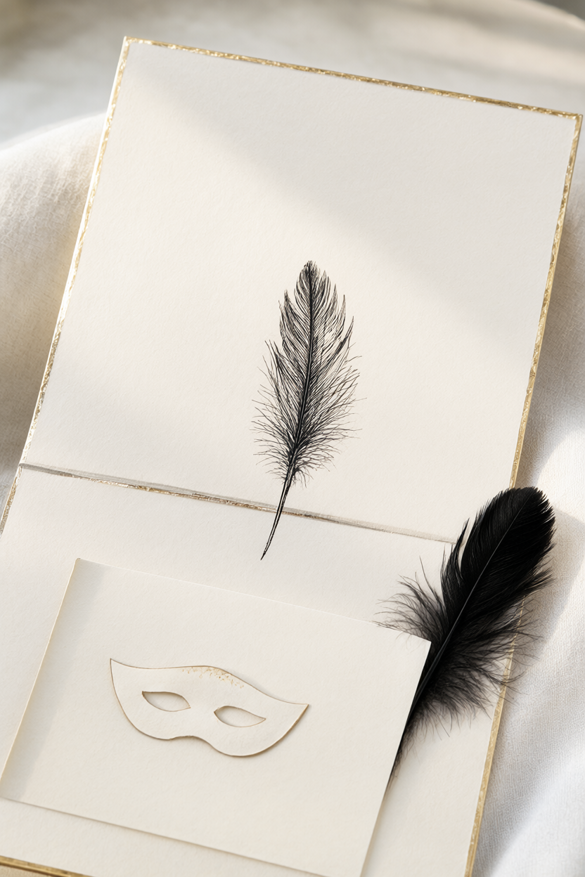 An ivory invitation suite with a black feather illustration, gold foil edging and a small paper mask.