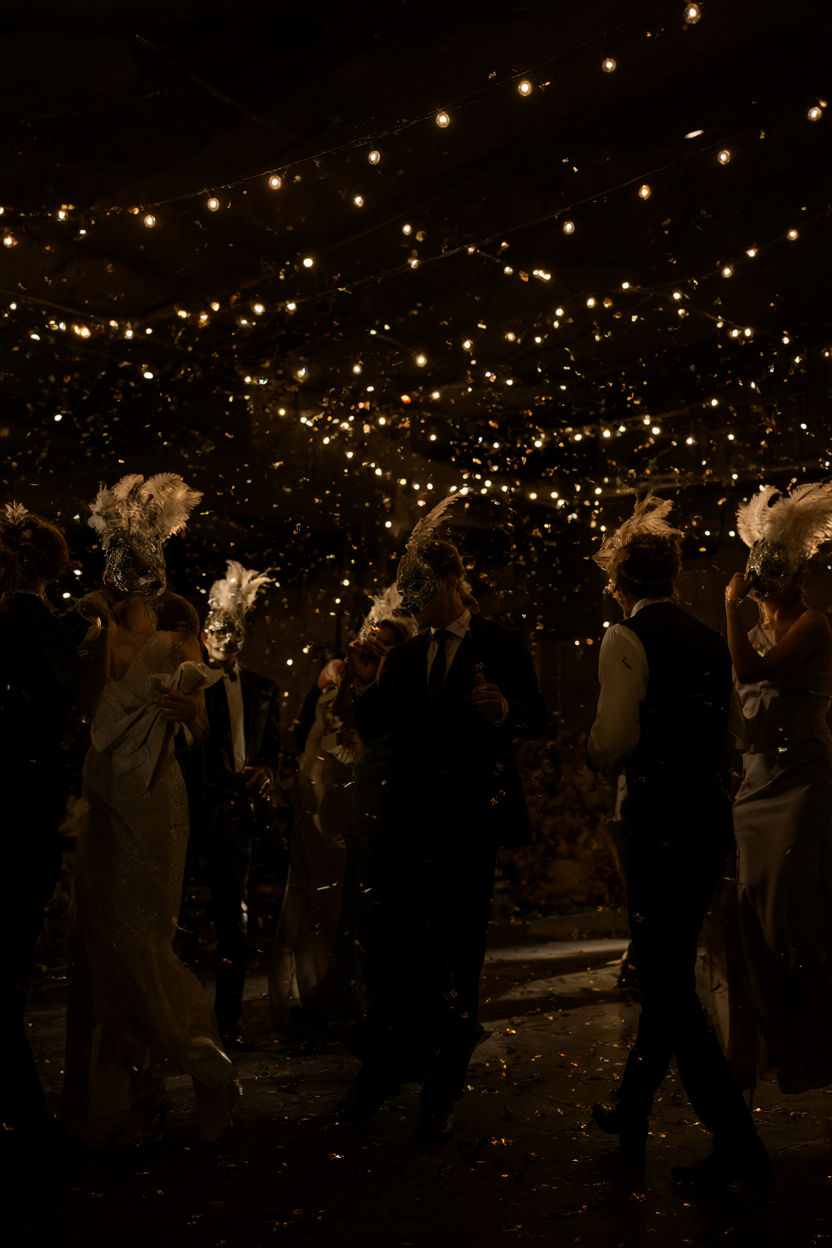 A silhouetted couple in formalwear and feather masks dancing under warm string lights as gold confetti hangs above.