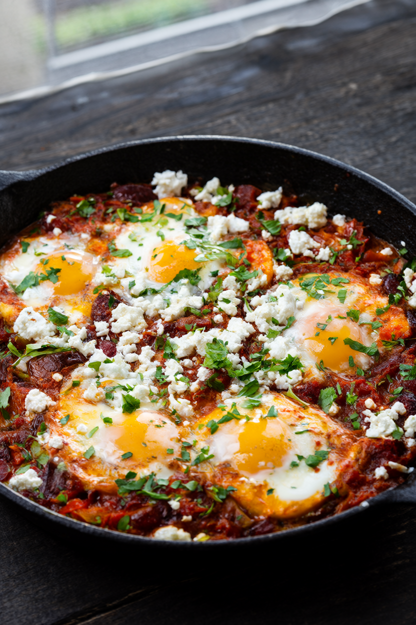 Shakshuka in a black cast-iron skillet: six eggs poached in spiced fresh-tomato pepper sauce, topped with crumbled feta and chopped parsley.
