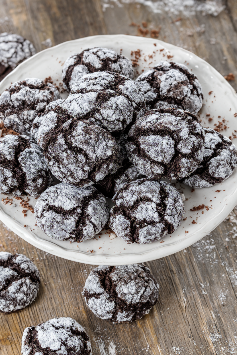 A pile of chocolate crinkle cookies with crackled powdered-sugar tops on a white ceramic plate
