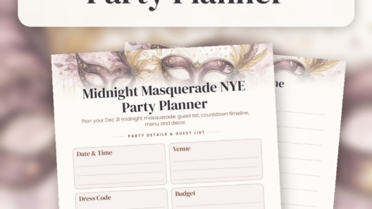 Flat-lay of the Midnight Masquerade NYE party planner printable pages with a silver venetian mask, gold confetti, feathers, champagne coupes and a candle on dark linen