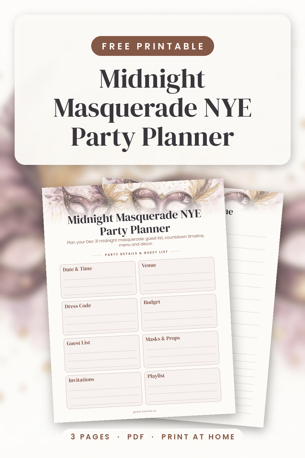 Flat-lay of the Midnight Masquerade NYE party planner printable pages with a silver venetian mask, gold confetti, feathers, champagne coupes and a candle on dark linen