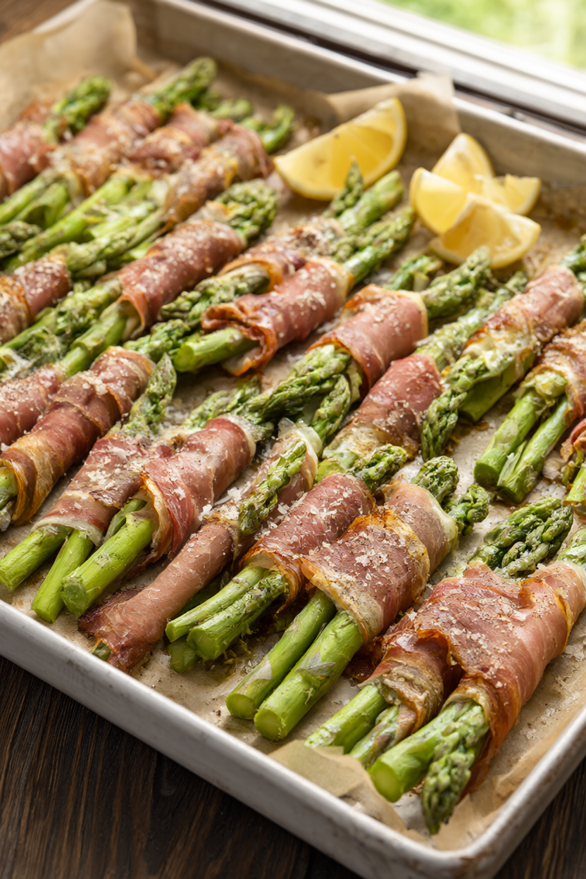 Prosciutto wrapped asparagus bundles on a parchment-lined baking sheet with Parmesan, black pepper and lemon wedges.