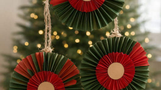 Three crimson, cream and forest-green pleated paper rosette ornaments hanging at staggered heights against a softly blurred Christmas tree with warm bokeh lights, one rosette topping a kraft-paper gift tied with twine.