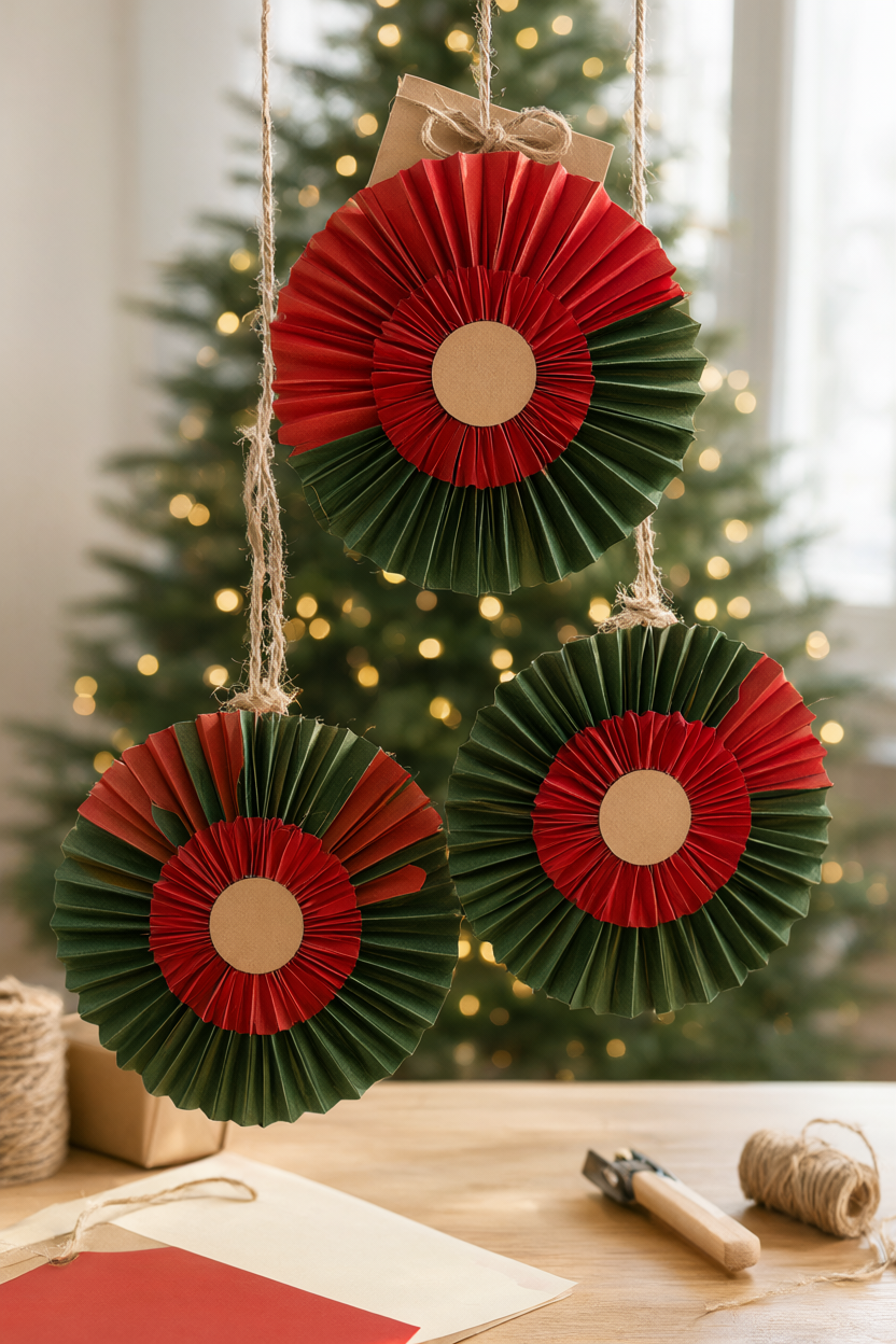 Three crimson, cream and forest-green pleated paper rosette ornaments hanging at staggered heights against a softly blurred Christmas tree with warm bokeh lights, one rosette topping a kraft-paper gift tied with twine.