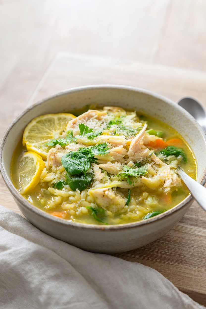 Overhead view of crockpot lemon chicken orzo soup with shredded chicken, spinach, carrots, celery and orzo in a bright lemony broth topped with Parmesan and lemon slices.