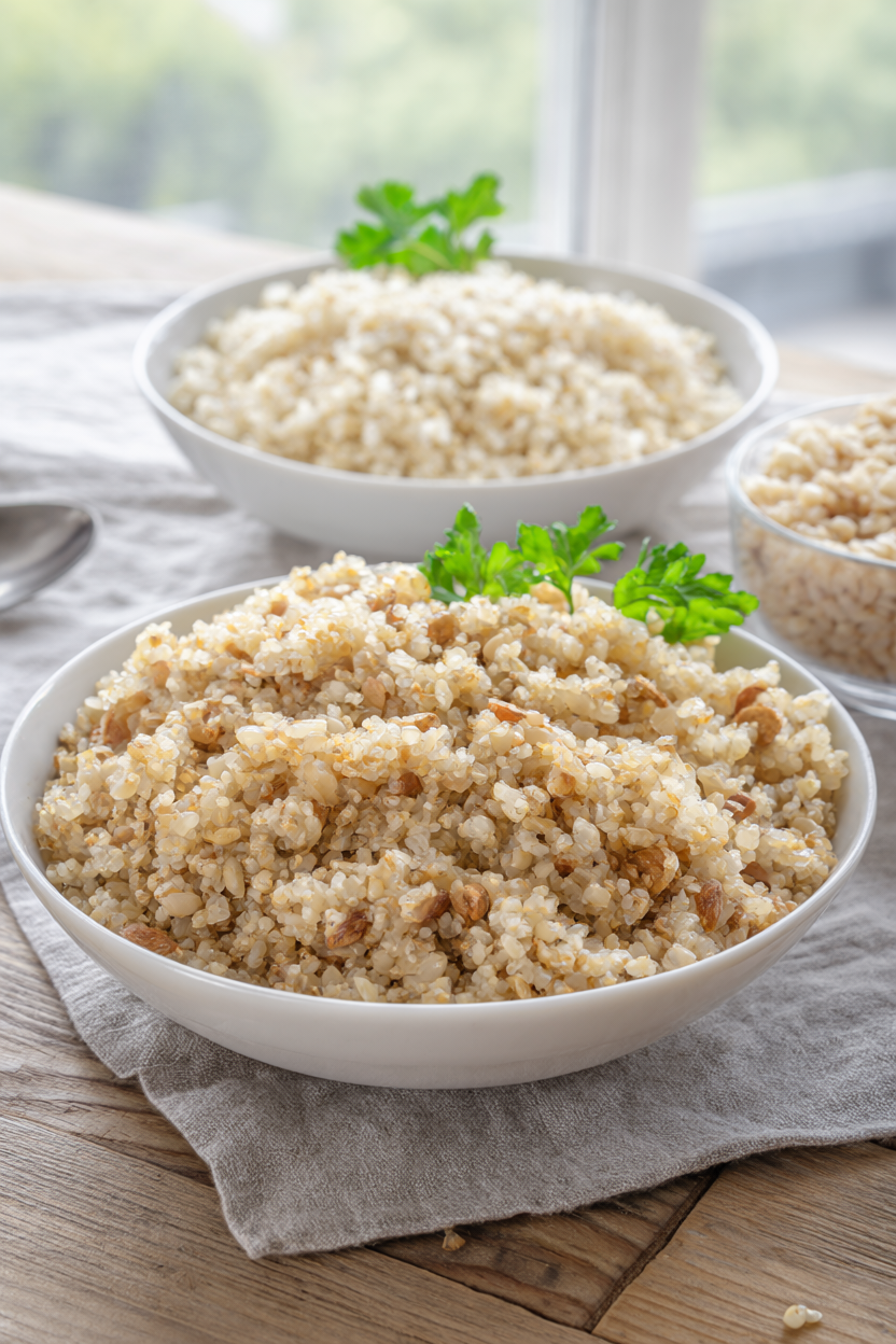Three bowls of freshly cooked quinoa, brown rice and farro garnished with parsley on a wooden table