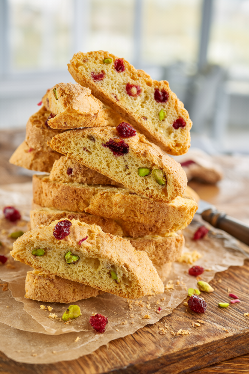Stacked pistachio and cranberry biscotti on a rustic wood board over parchment.