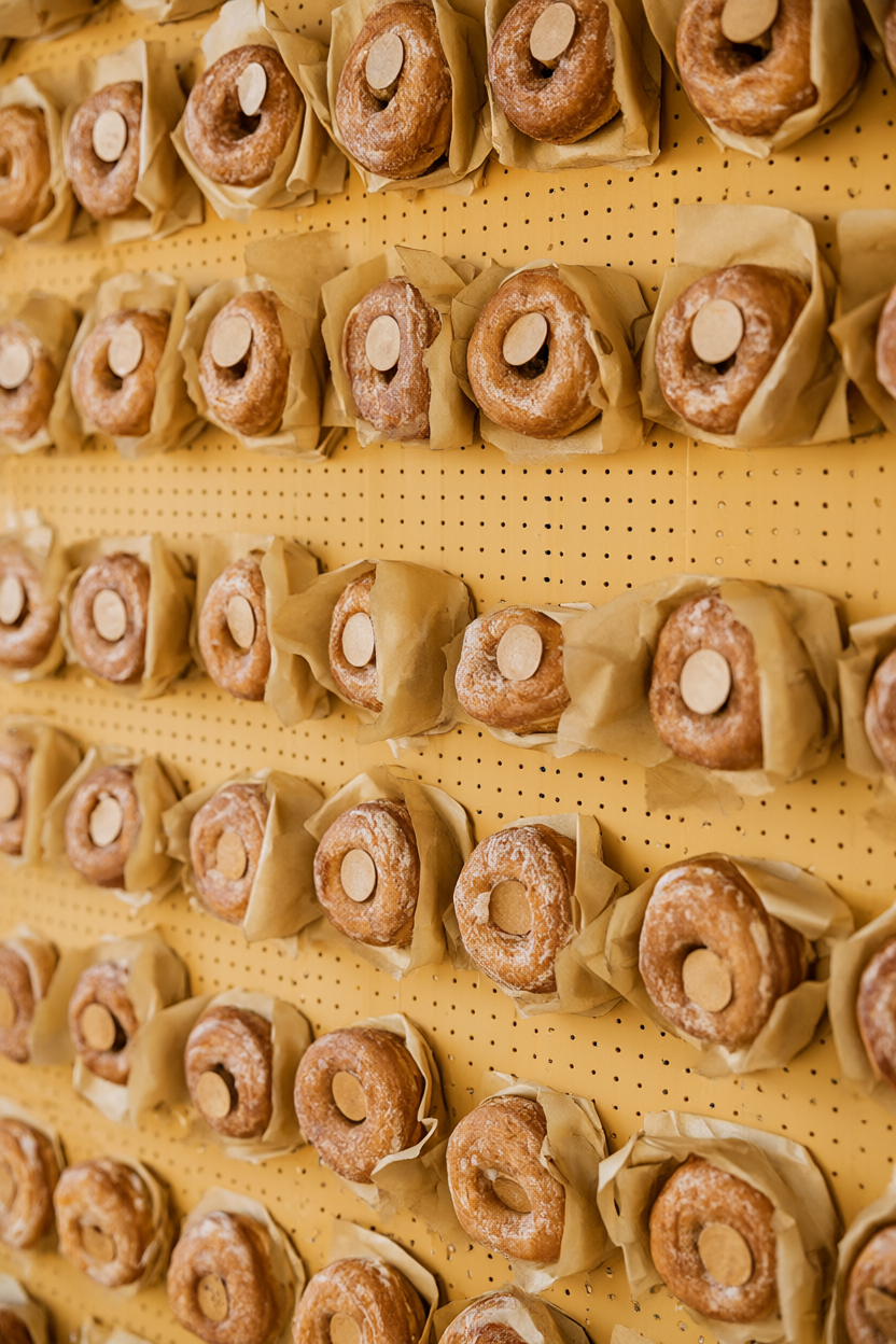 Butter-yellow pegboard filled with glazed doughnuts in kraft sleeves and round flavor tags.