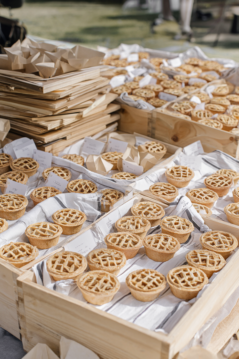 Wooden crates lined with striped linen holding rows of mini lattice-top pies and paper boats.