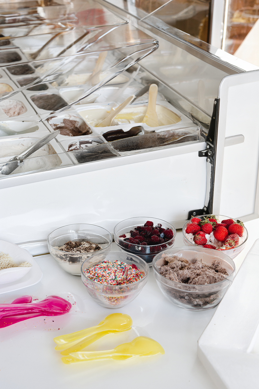 White gelato cart with tubs, bowls of toppings, berries, crushed cookies and colorful spoons.