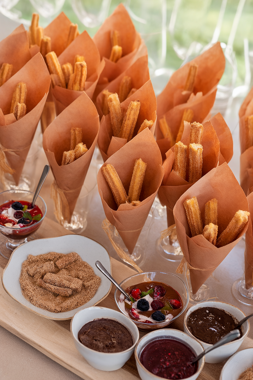 Terracotta paper cones filled with churros beside chocolate and berry dips and cinnamon sugar.