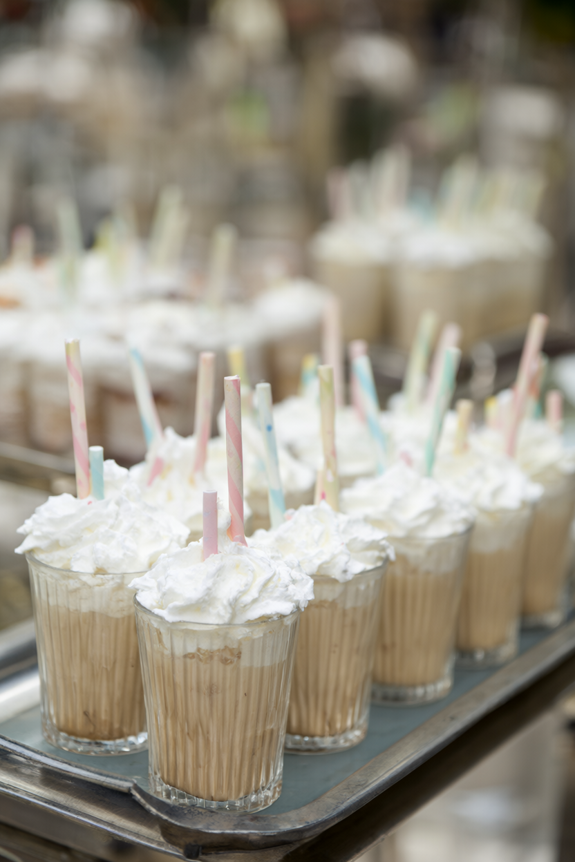 Tray of mini milkshakes in ribbed glasses with whipped cream and pastel straws.