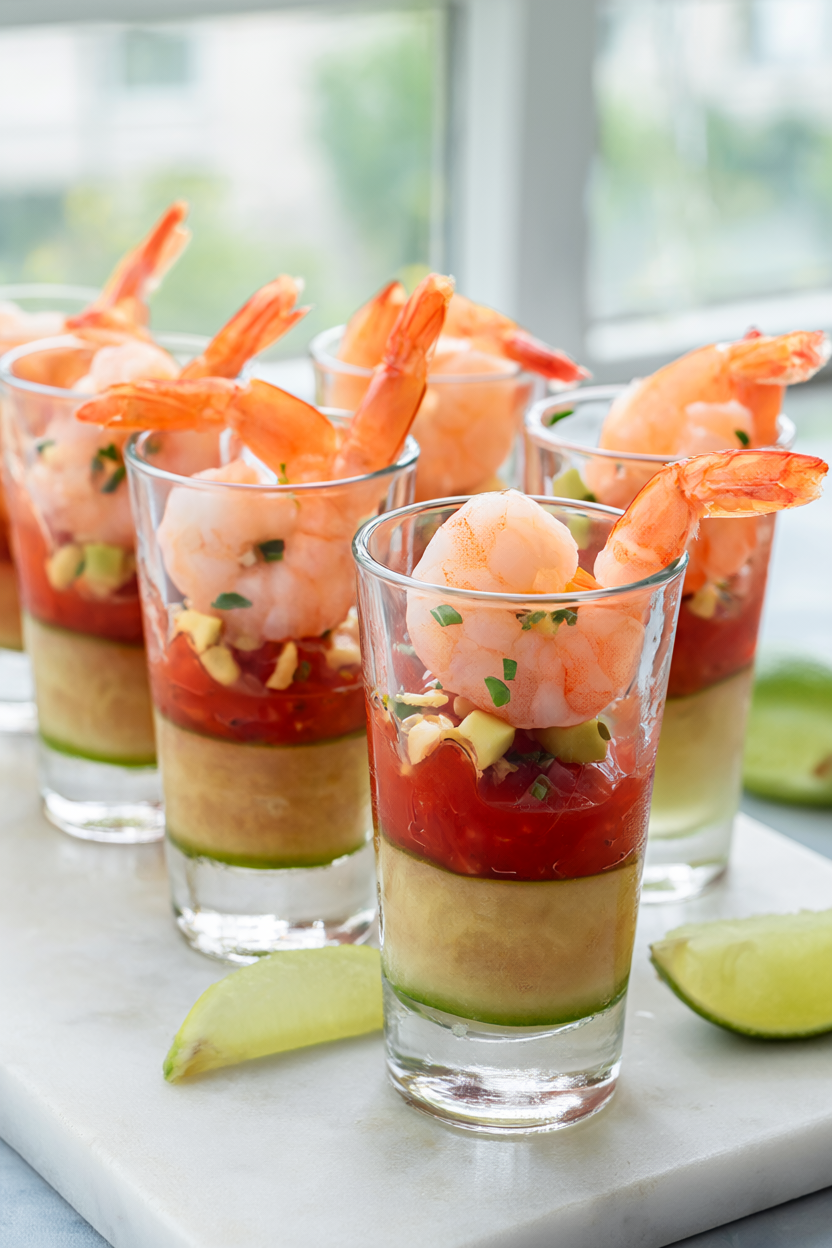A platter of shrimp cocktail cups: cucumber rounds filled with cocktail sauce, poached shrimp, avocado and chives.