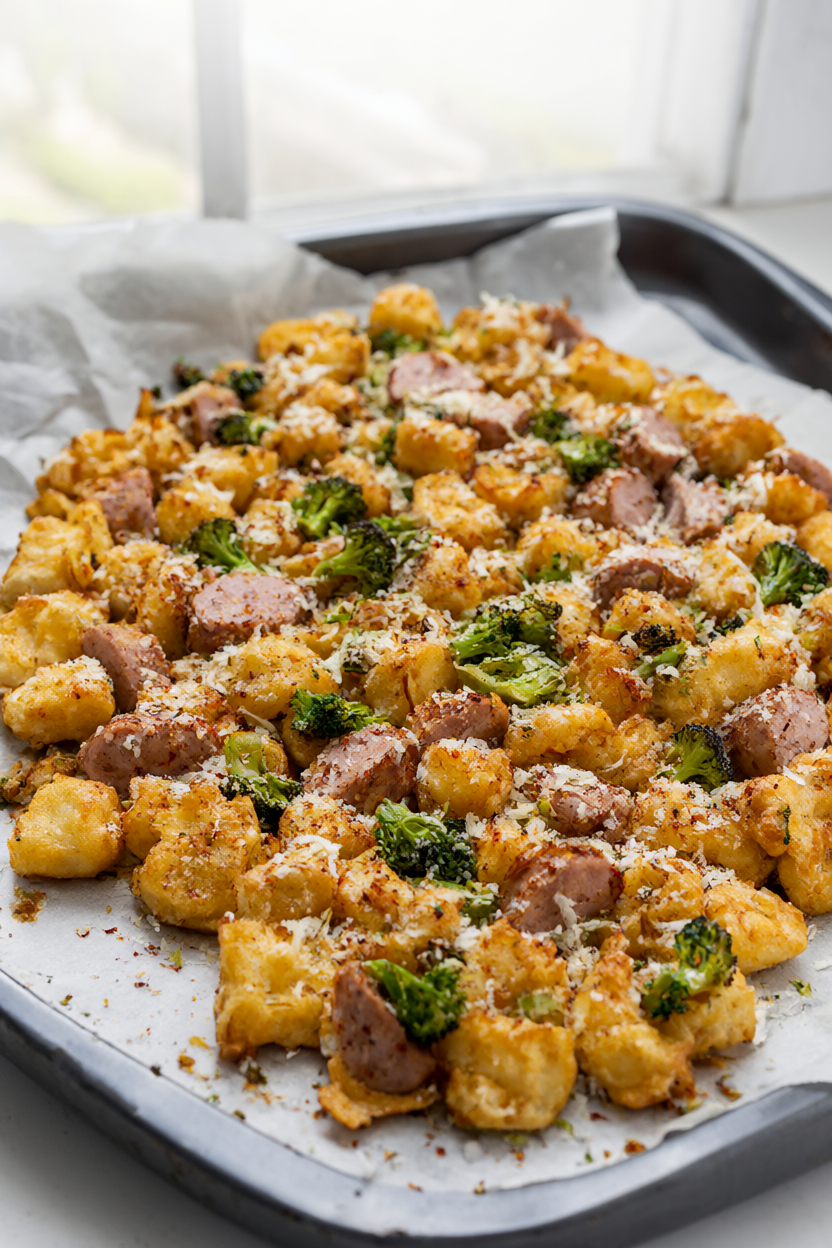 Sheet pan gnocchi with sausage and broccoli, golden and crisp on a parchment-lined pan.