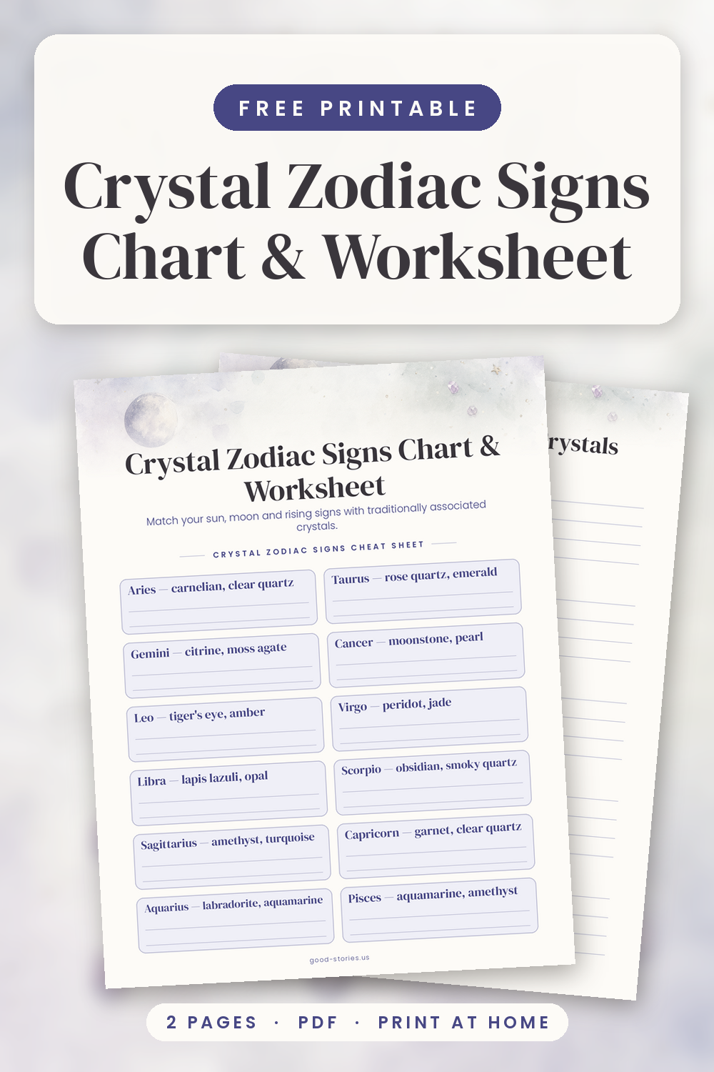 Top-down flat lay of the printed crystal zodiac signs chart on a clipboard with amethyst, rose quartz, dried lavender and a ceramic mug on cream linen.