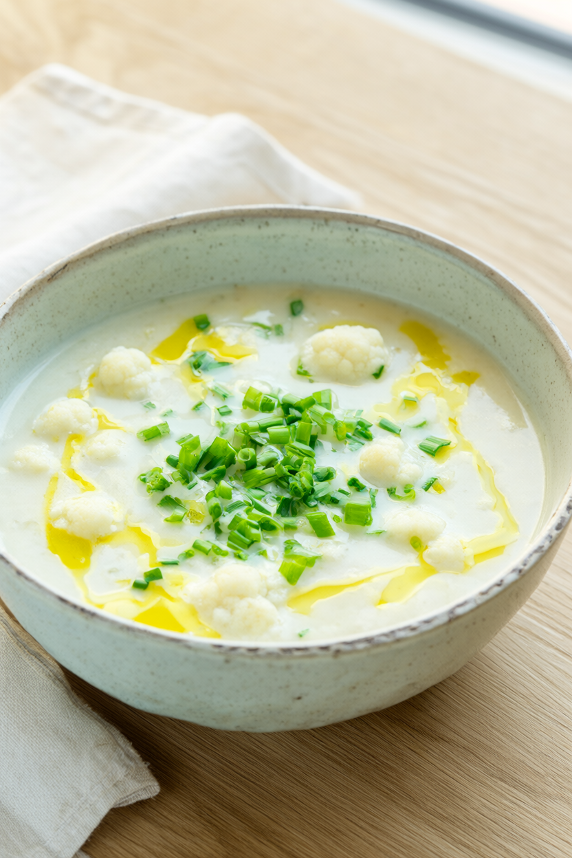 Creamy cauliflower white bean soup in a speckled ceramic bowl, garnished with chives and olive oil.