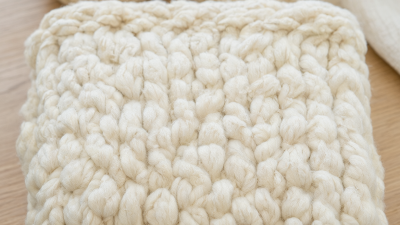 Finished cream chunky arm-knit blanket folded on a pale oak bench, two balls of jumbo chenille yarn and a eucalyptus sprig nearby, soft window light, warm neutral palette, no people, no text.