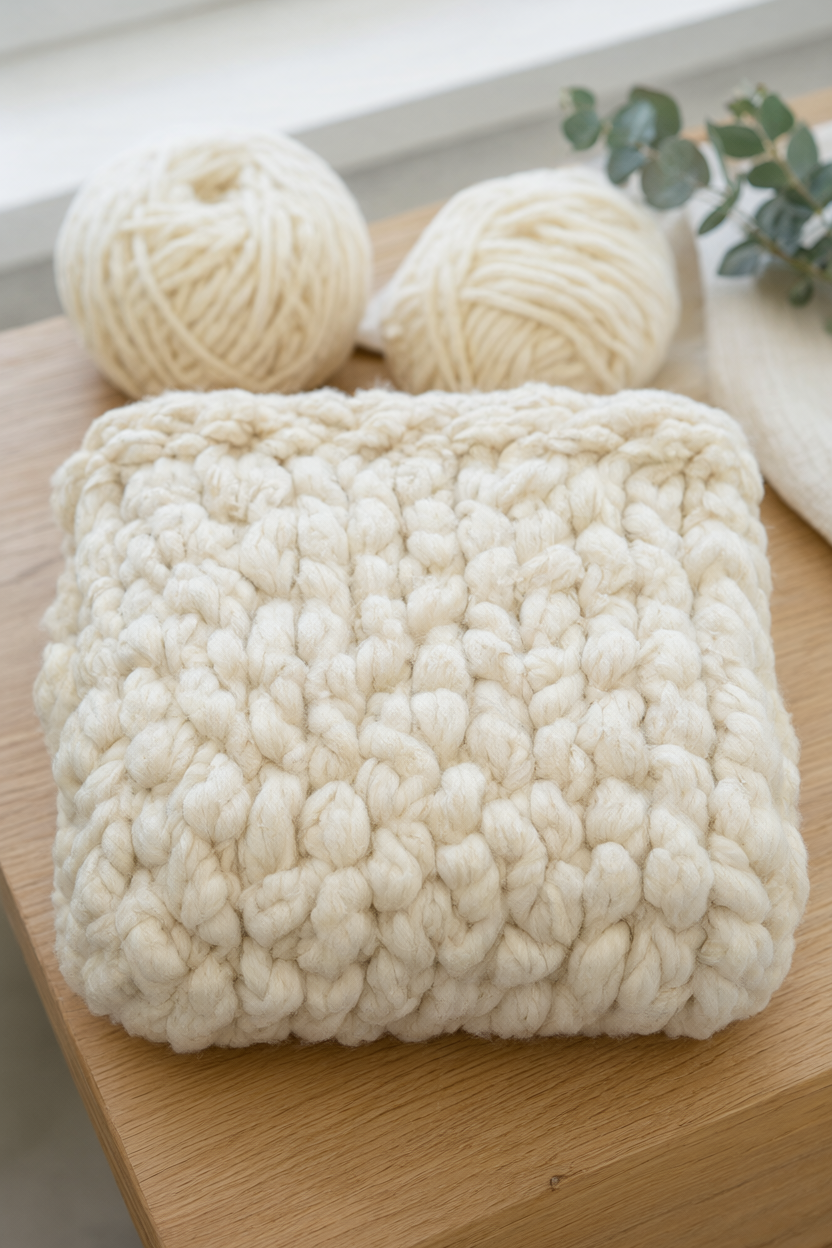Folded cream chunky arm-knit blanket on a pale oak bench with two balls of jumbo chenille yarn and a eucalyptus sprig