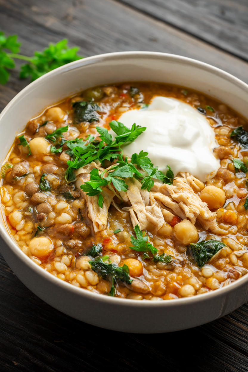 Steaming bowl of hearty lentil and chickpea soup with shredded chicken, barley, spinach, parsley and a swirl of Greek yogurt.