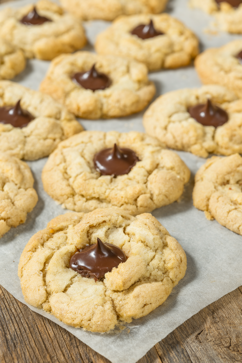 Peanut butter blossom cookies with chocolate kisses on a parchment-lined baking sheet.