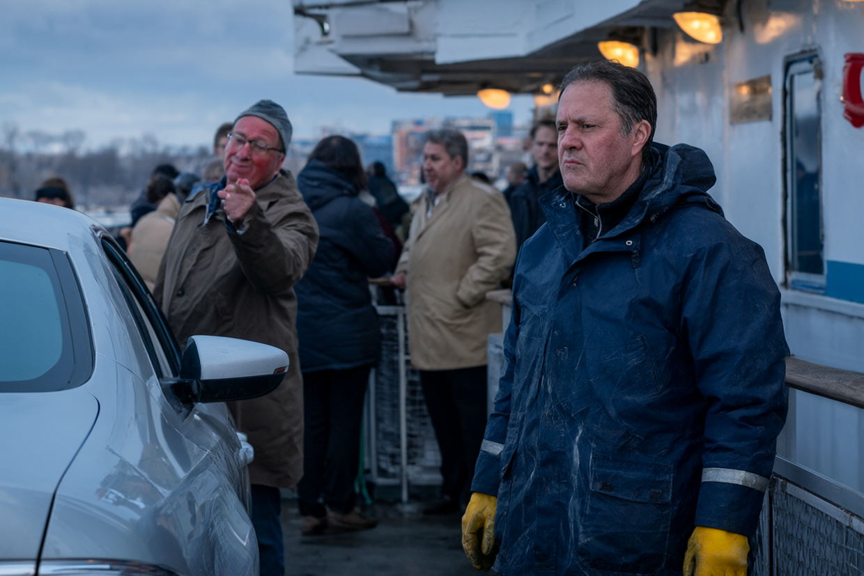 Rita, a ferry deckhand in a navy rain jacket, stands rigid on the wet car deck while an angry commuter points at the scratched door of his silver sedan and passengers watch from the rail.