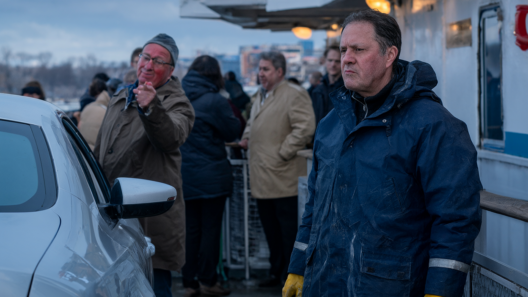 Rita, a ferry deckhand in a navy rain jacket, stands rigid on the wet car deck while an angry commuter points at the scratched door of his silver sedan and passengers watch from the rail.