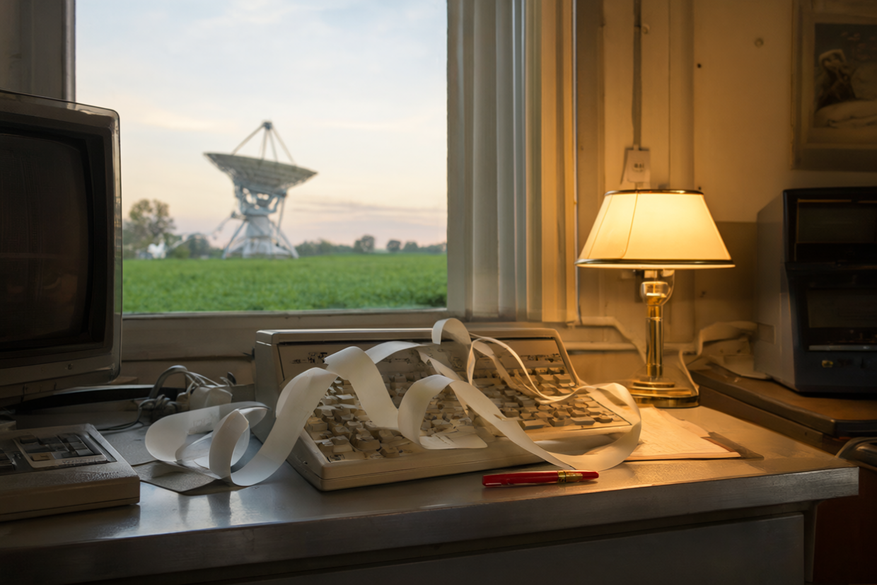 A 1970s radio observatory control room at dawn, with continuous-feed computer paper curling across a metal desk beside a red pen and a tall radio telescope in a green Ohio field outside the window.