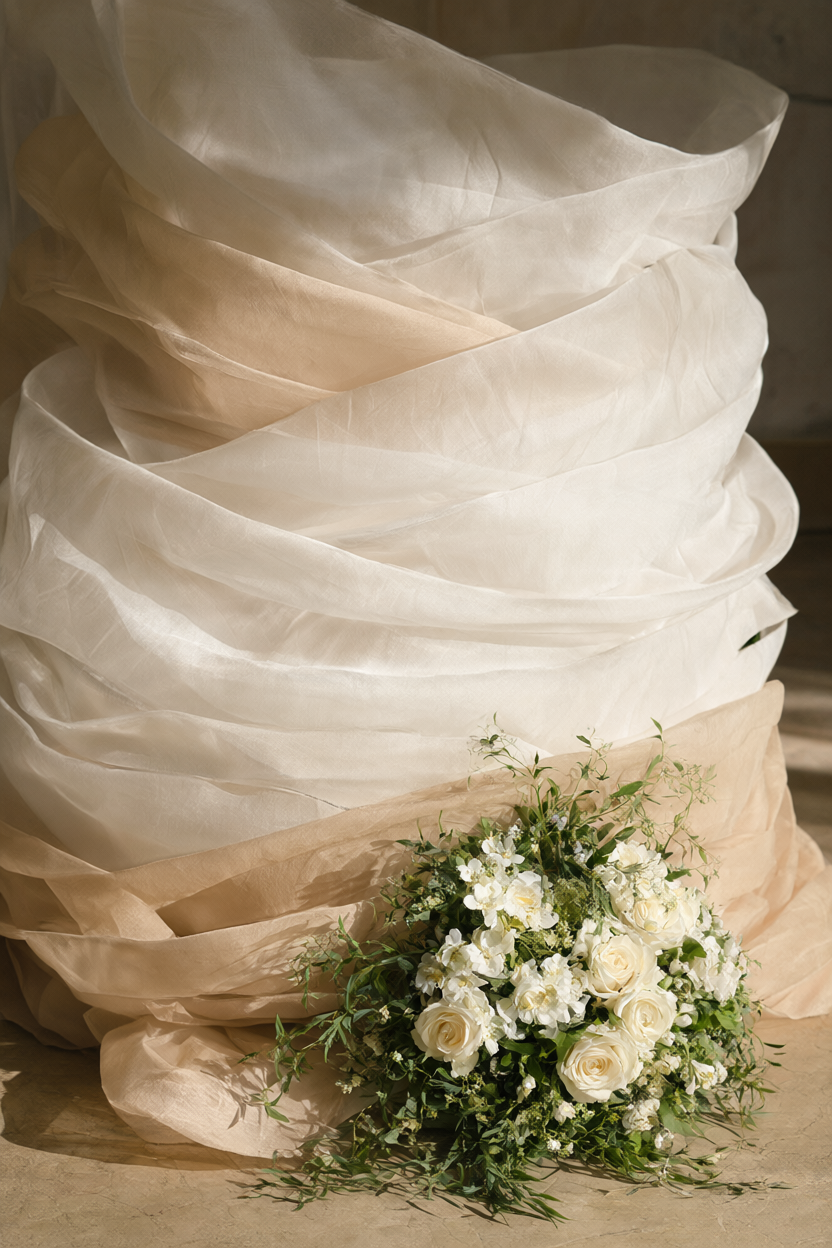 Layered scalloped ivory and sand fabric backdrop with a low white-and-green arrangement