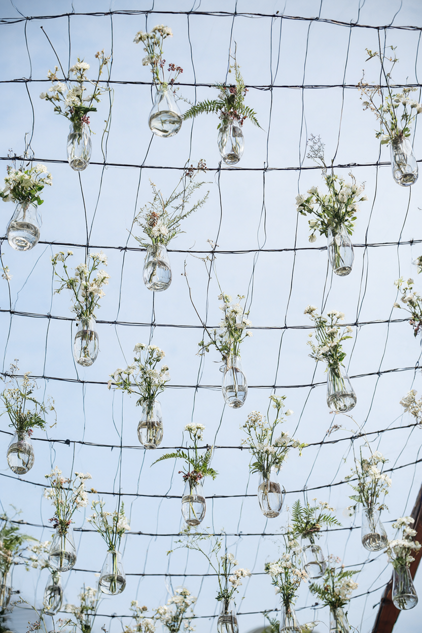 Slim black metal grid overhead hung with small glass vases of white flowers and ferns