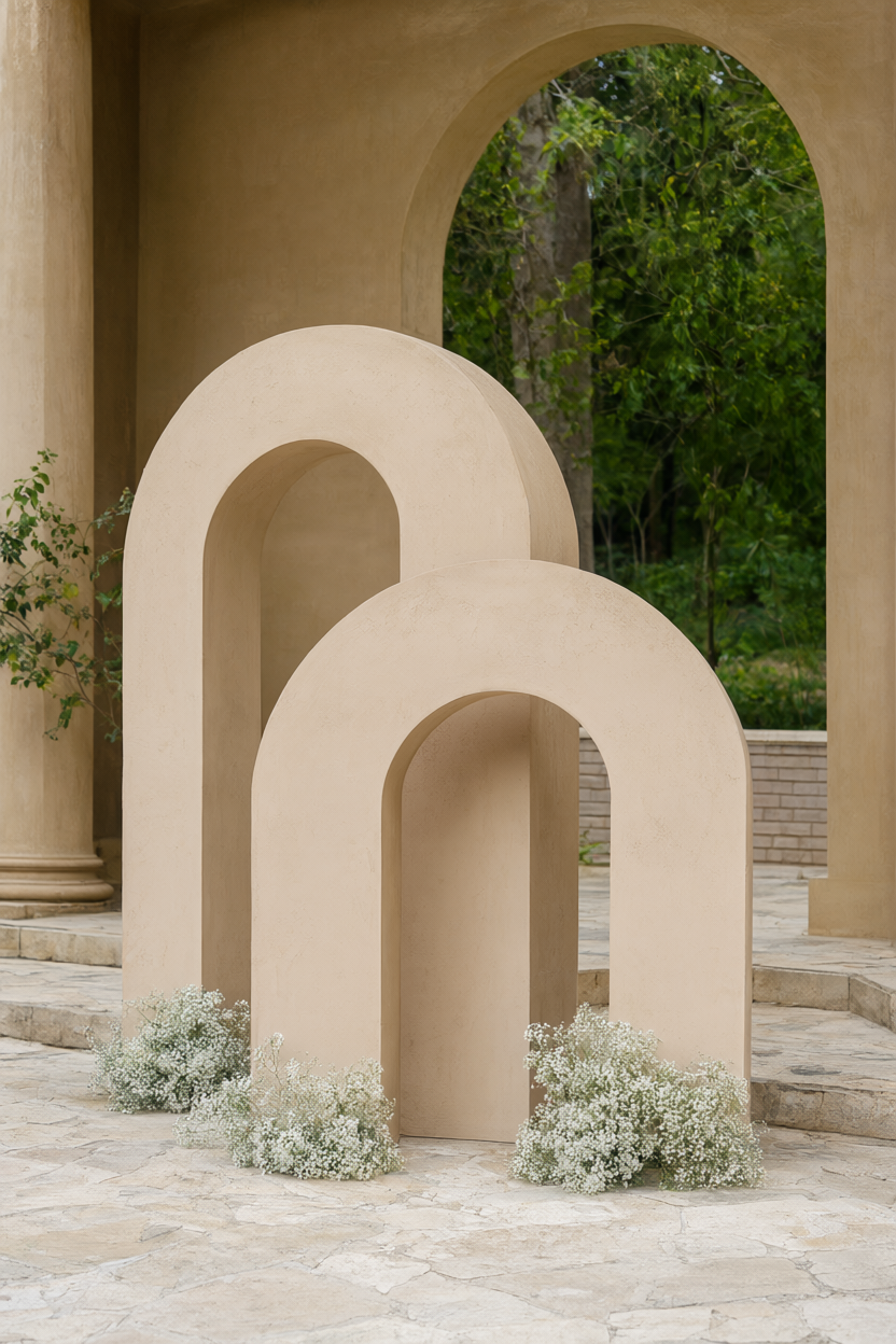 Two offset putty-colored arches on a stone terrace with small white bloom clusters at their feet