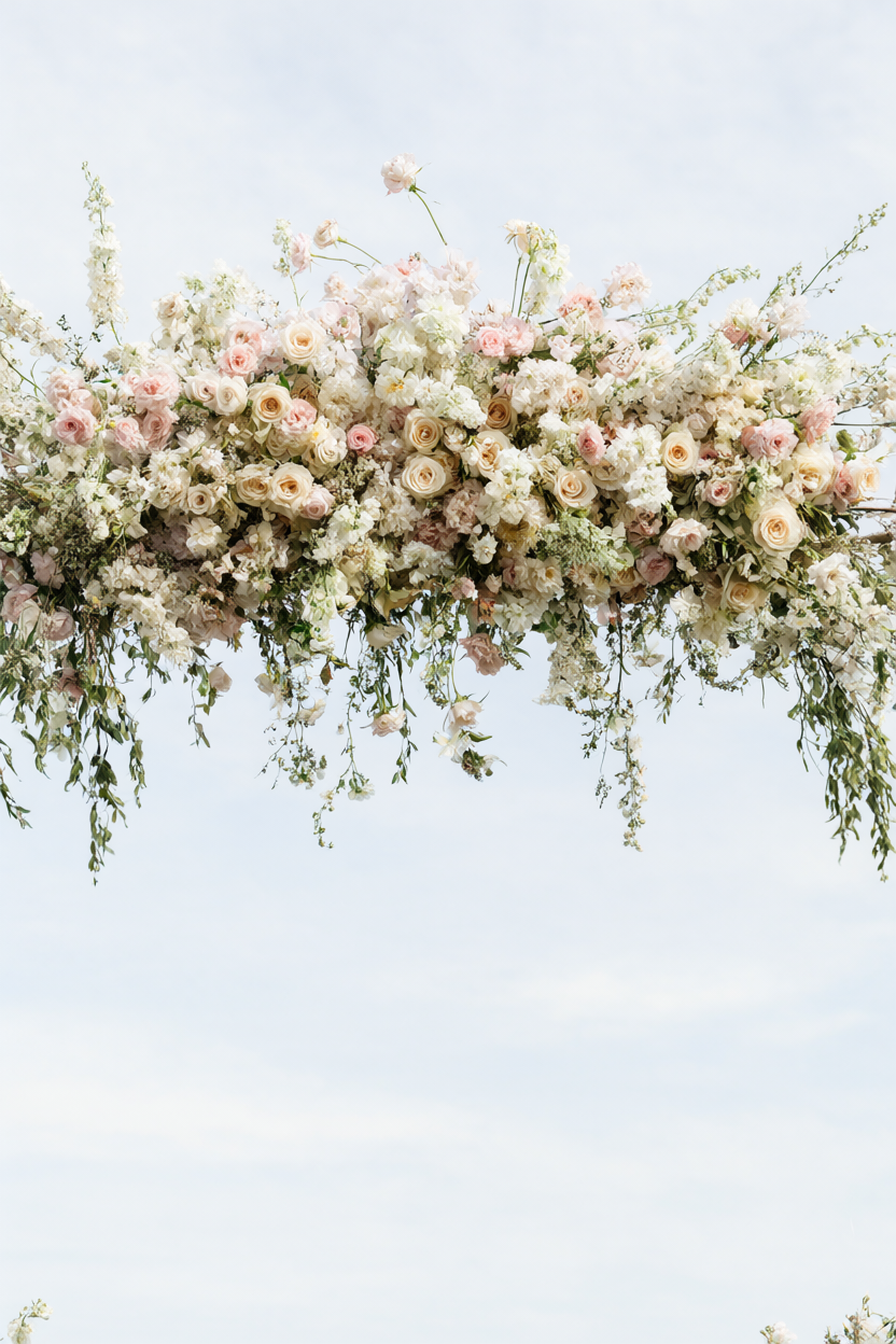 Suspended cloud of white and blush flowers with trailing greenery above an empty aisle