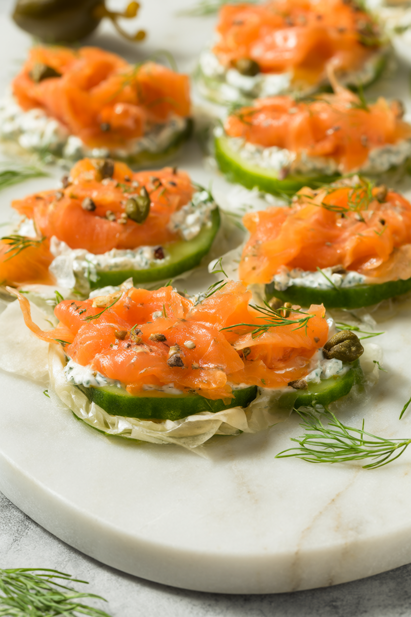 Cucumber rounds topped with dill cream cheese, smoked salmon ribbons and capers on a marble platter