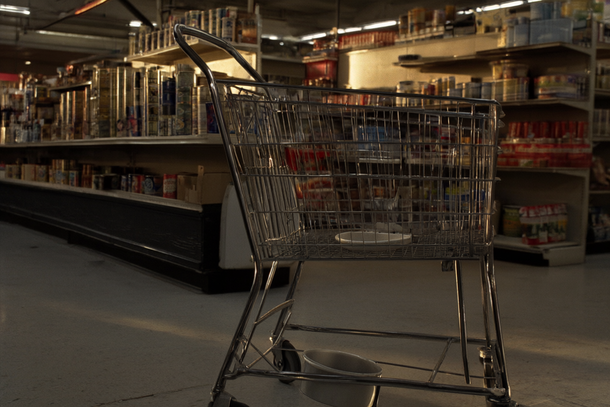 A 1930s Oklahoma City grocery aisle with a two-basket wire shopping cart in the foreground under warm late-afternoon light