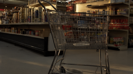 A 1930s Oklahoma City grocery aisle with a two-basket wire shopping cart in the foreground under warm late-afternoon light