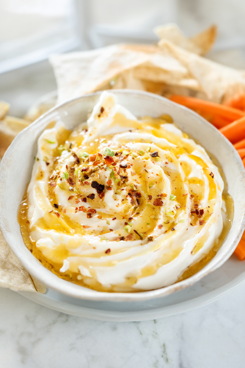 Whipped feta dip topped with chili honey, red pepper flakes and chopped pistachios, served with pita chips and carrots