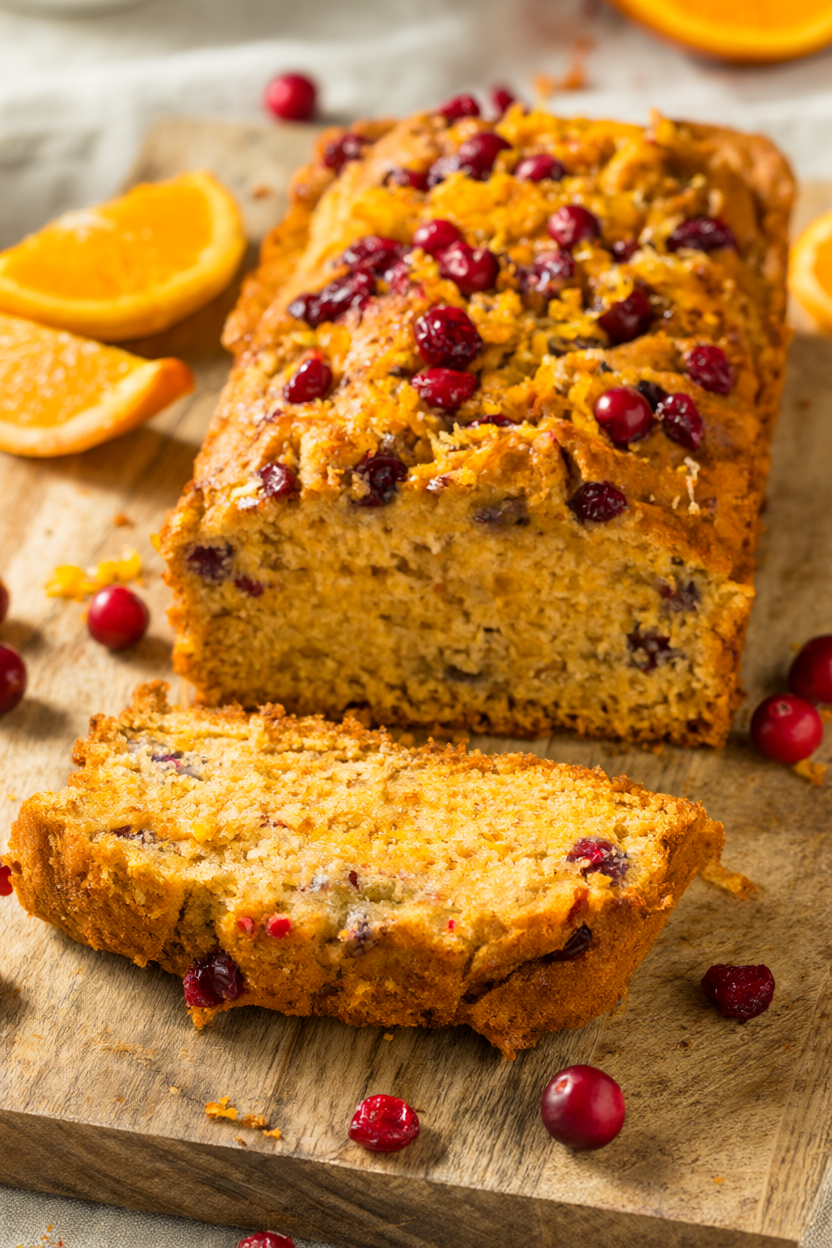 Cranberry orange quick bread loaf on a wooden board with fresh cranberries and orange zest.