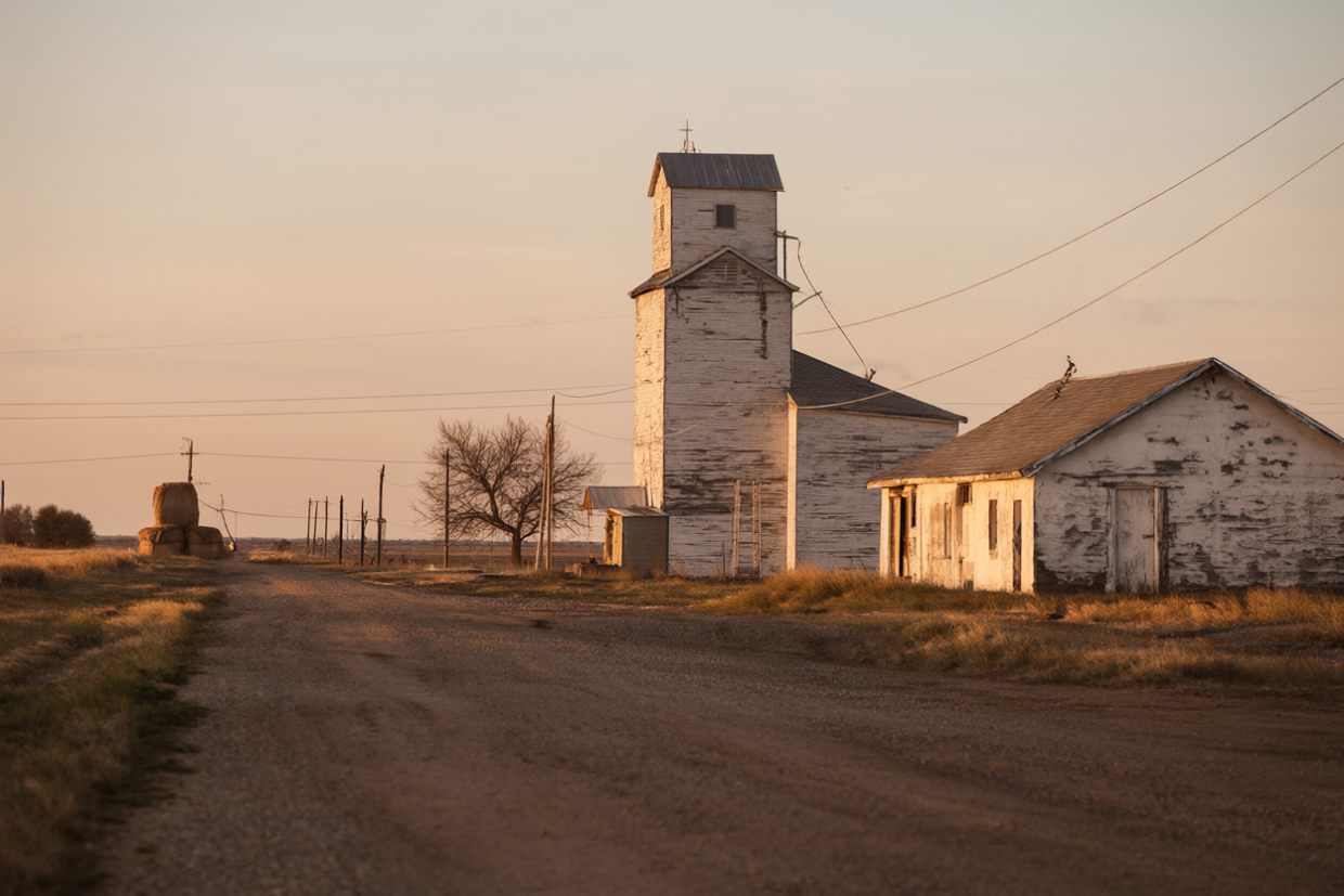 A lone white tavern with peeling paint on an empty dirt main street in the Nebraska prairie at golden hour, hay bales and a grain elevator in the distance.