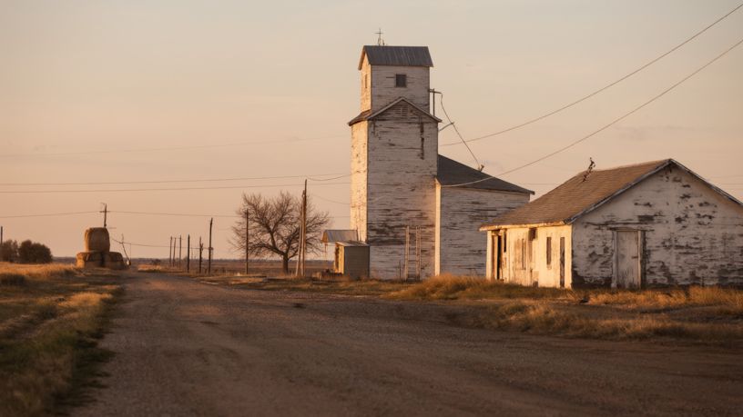 A lone white tavern with peeling paint on an empty dirt main street in the Nebraska prairie at golden hour, hay bales and a grain elevator in the distance.