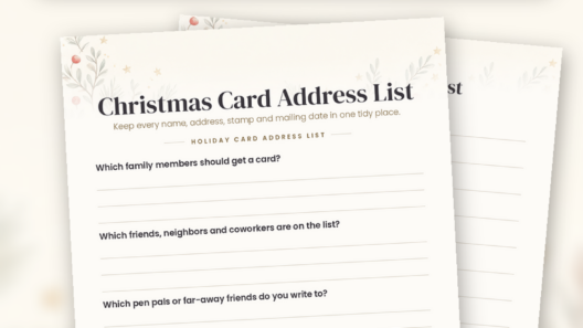 Cream printable mockup of a Christmas card address list with pastel watercolor evergreen branches, red berries, writing lines and a ten-step holiday mailing checklist