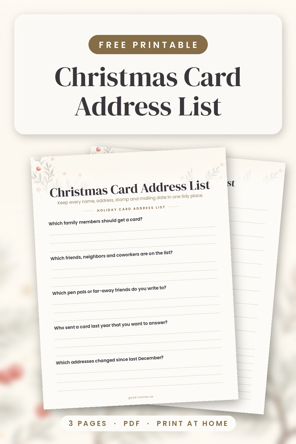 Christmas card address list printable on a cream desk with kraft envelopes, red ribbon and an evergreen sprig