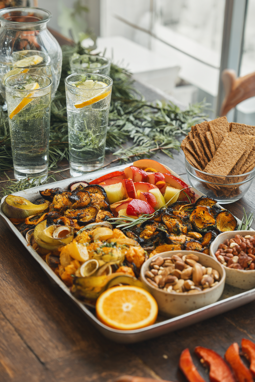 Holiday party table with roasted vegetables, fresh fruit, nuts, whole-grain crackers and sparkling water