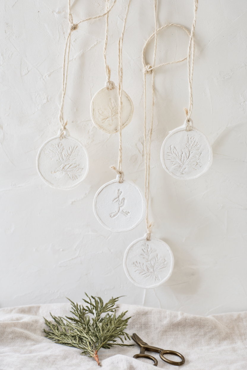 Five finished white air-dry clay Christmas ornaments stamped with pine sprigs and initials, threaded on cream twine against a warm white plaster wall.