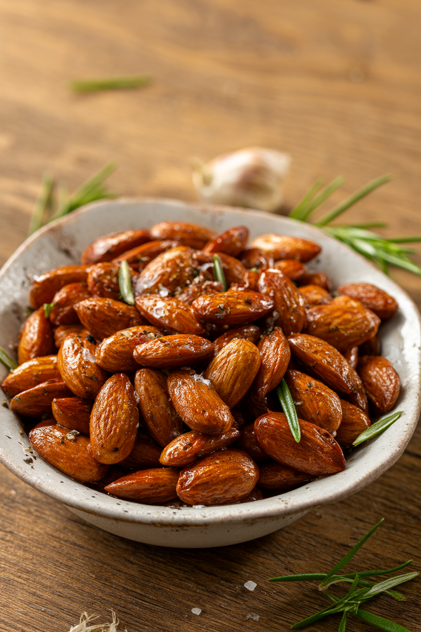 Golden roasted almonds with rosemary, garlic, and sea salt in a rustic ceramic bowl on a wooden table.