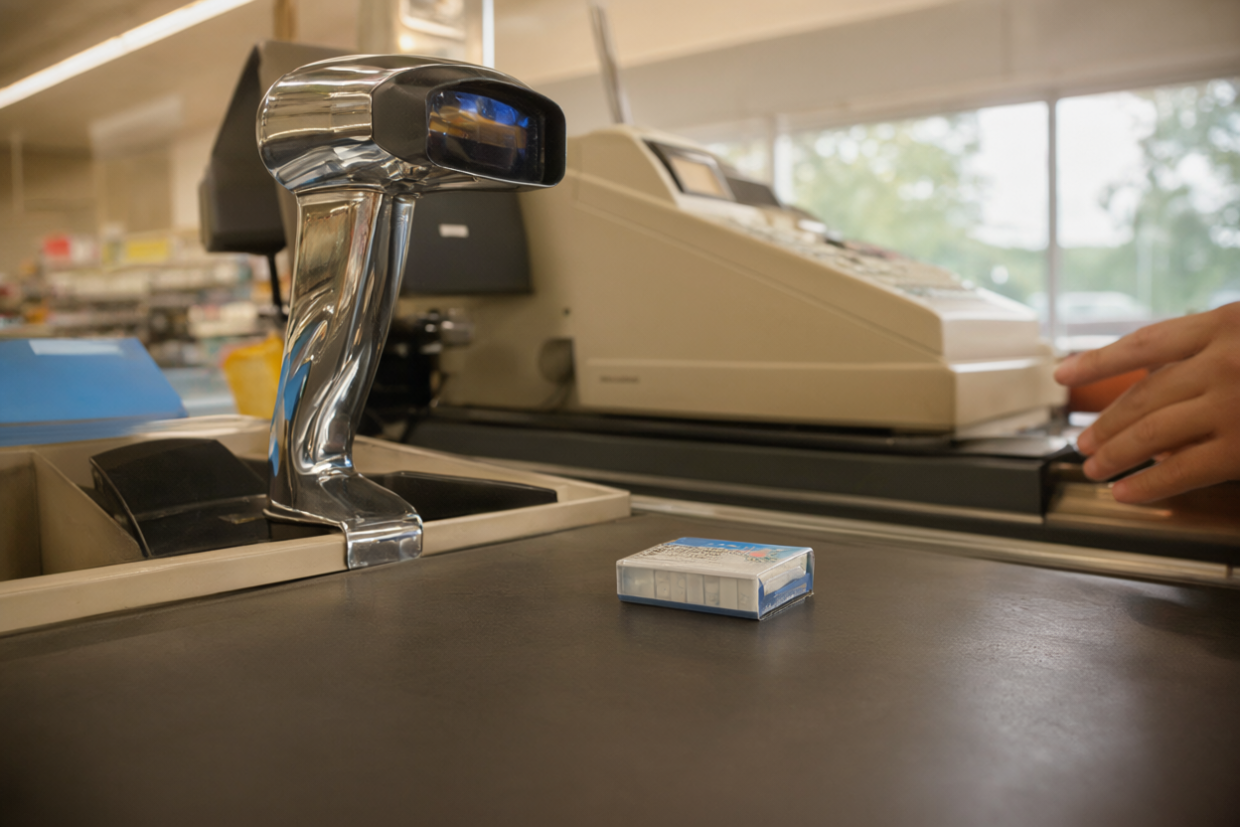 A 1970s American supermarket checkout lane with a chrome laser scanner and a plain pack of chewing gum in warm morning light.