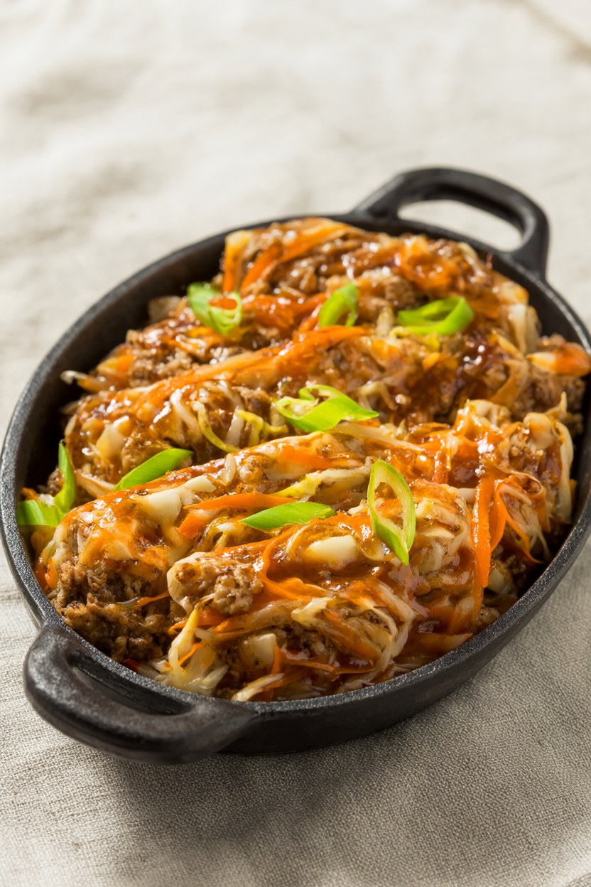 Egg roll in a bowl with ground turkey, cabbage and carrots in a cast-iron skillet, topped with green onions.