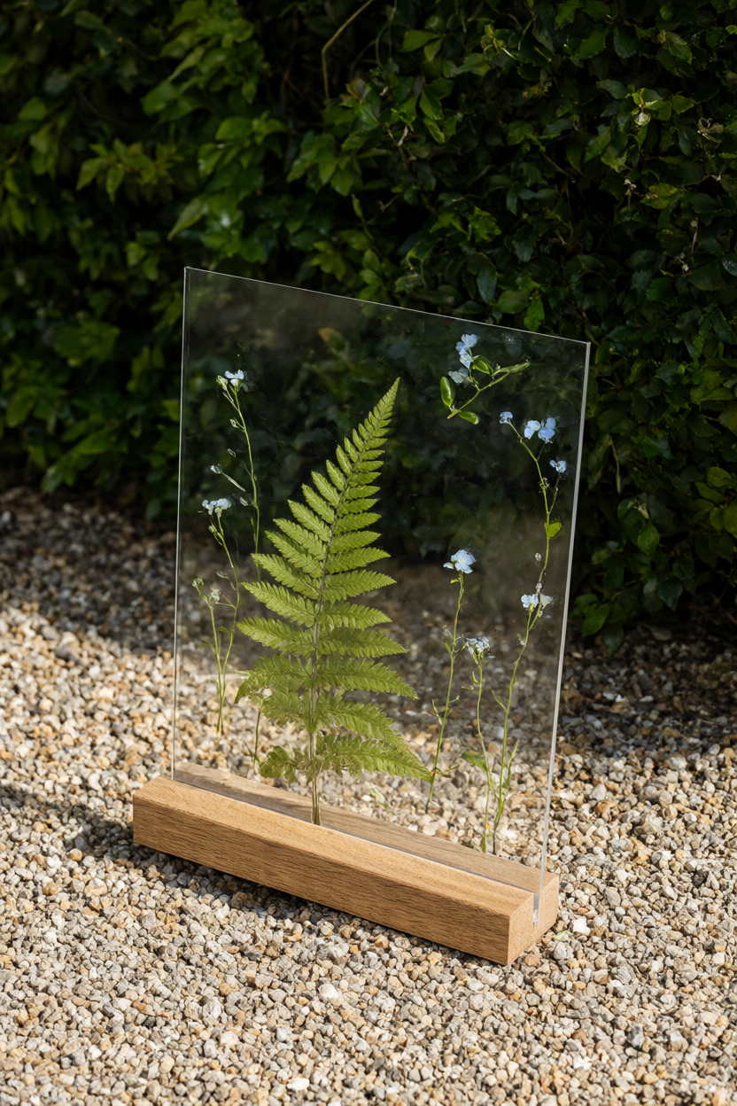 Clear acrylic sign in a slim oak stand on gravel, with pressed ferns and pale-blue flowers inside