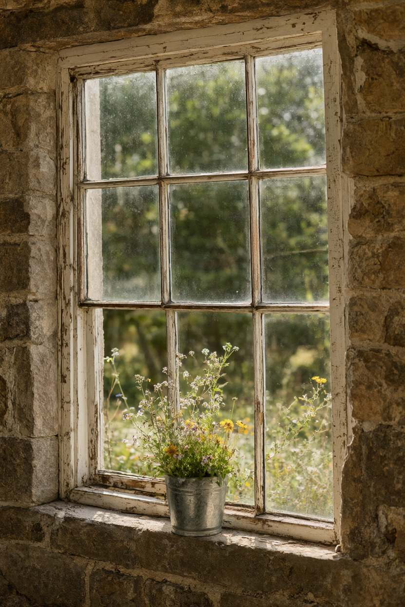 Weathered six-pane window frame leaning on a stone wall, wildflowers in a galvanized bucket below