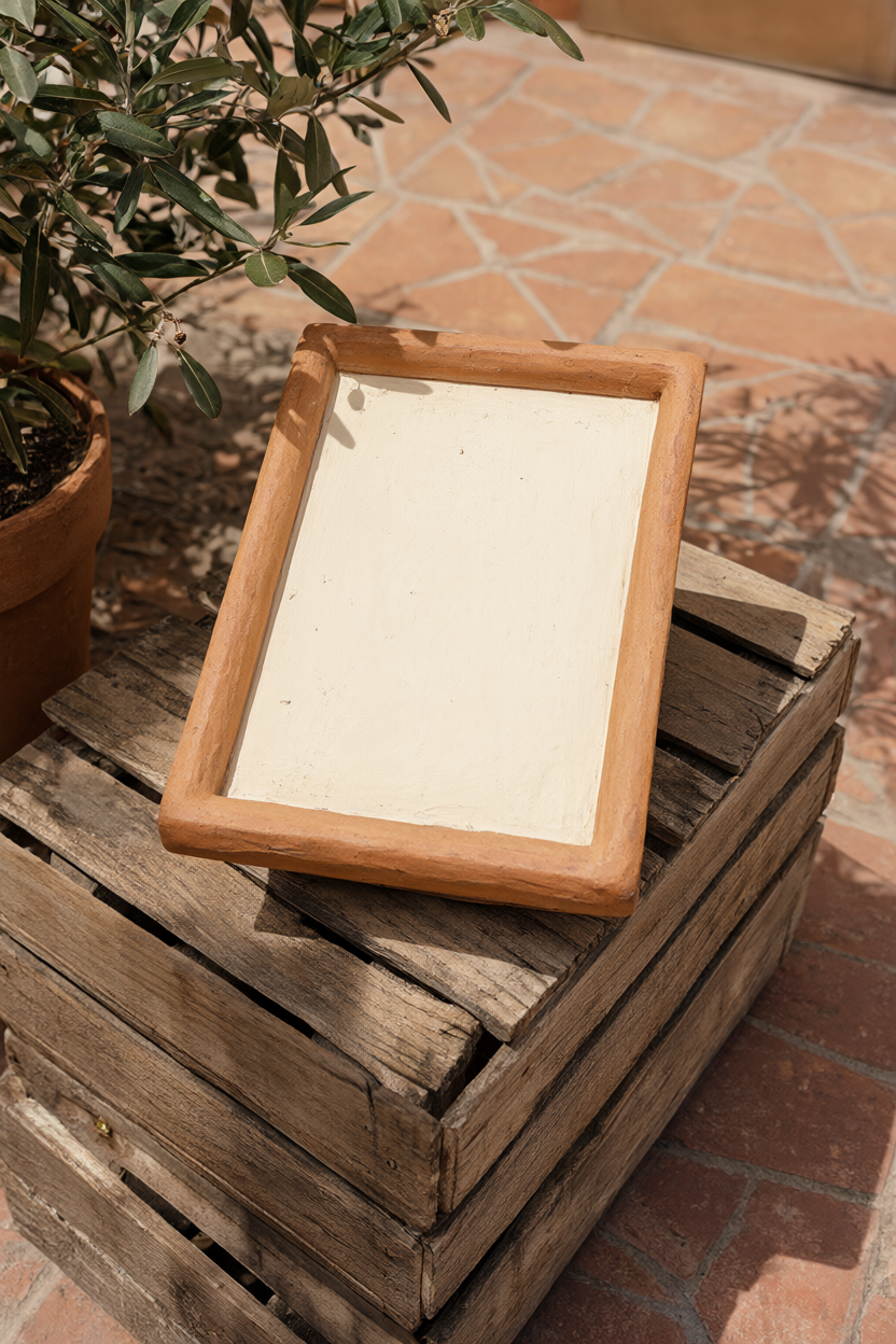 Cream-painted terracotta paver on a wooden crate beside a clay pot of olive branches in a sunlit courtyard