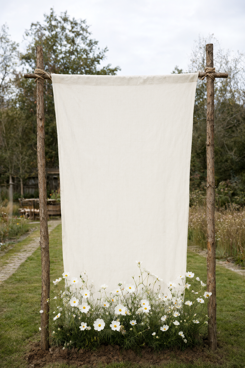 Off-white linen banner stretched between wooden stakes on a grass path, white cosmos at the base